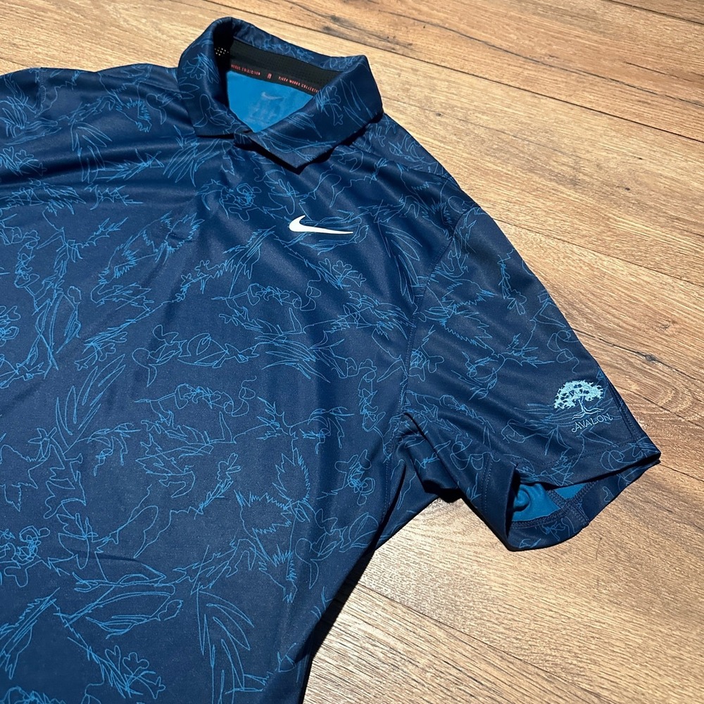Nike Tiger Woods Navy Blue Floral Dri-FIT ADV Golf Polo Shirt Mens Medium